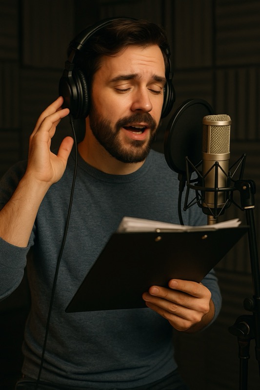 Professional voice actor recording a session in a sound-treated voice over studio